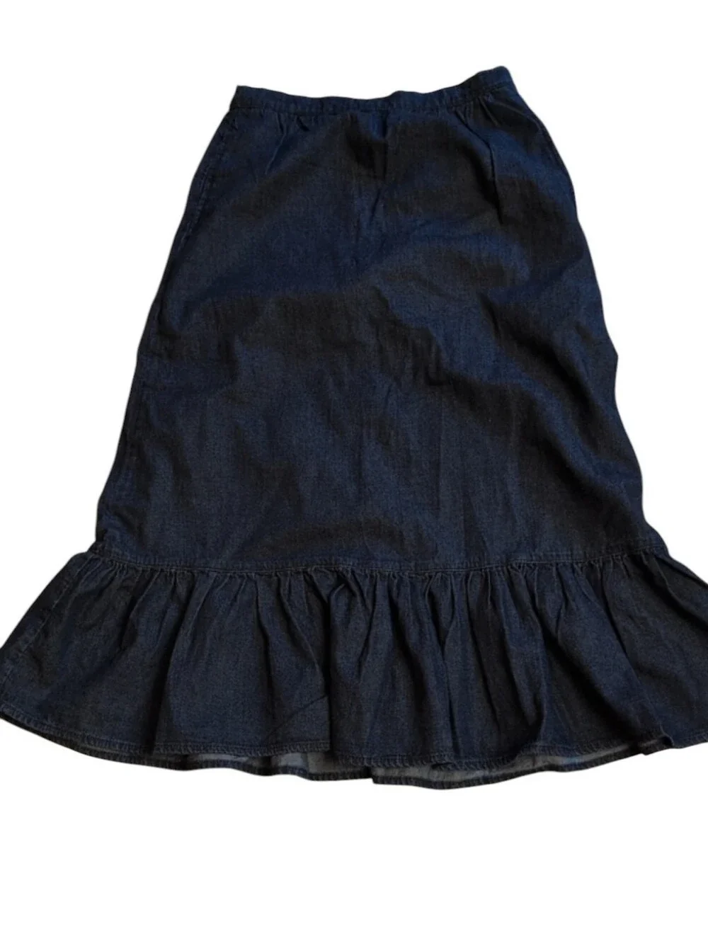 Wearhouse WareDenim Skirt A-line Ruffle Midi Skirt Dark Blue Denim Pockets 6